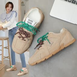 Beige Retro Casual Sneakers For Women Suede Upper With Double Green And Brown Laces Round Toe Comfortable Flat Sole Versatile