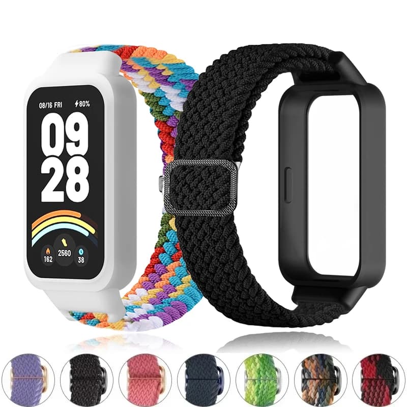 Braided solo loop Strap+Case for Redmi band 3 2 accessories Nylon Sport Adjustable bracelet correa for Xiaomi Miband 9 8 Active