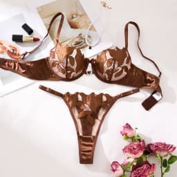 Coffee-Colored Embroidered Print Pajama Set - A Set Featuring A Floral Design Suitable for Women, A sexy Bra ZA824031