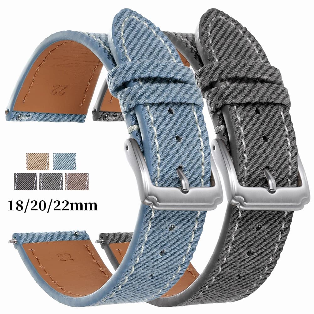 Quick Release Vintage Denim Pattern Watch Band 18mm 20mm 22mm Stitching Cowhide Strap for Seiko Canvas Sport Wrist Bracelet