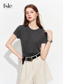 FSLE 2026 Summer Women's Soft Skin-Friendly Short Sleeve U-Neck & Round Neck Structured Shoulder Tee