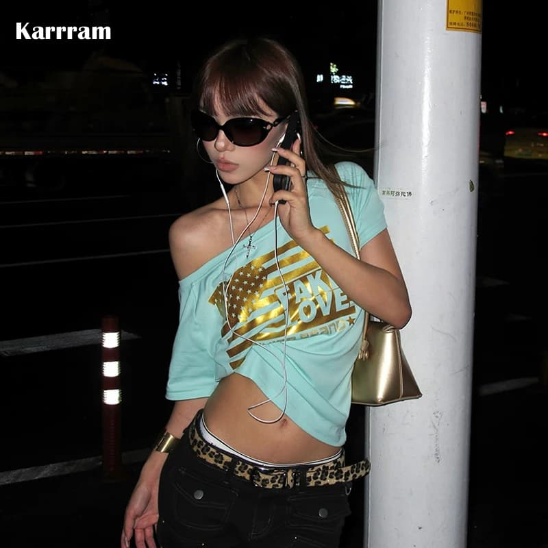 Karrram Japanese Y2k Off Shoulder T-shirt Trashy 2000s Letter Print Tops Slash Neck Vintage Harajuku Streetwear American Retro