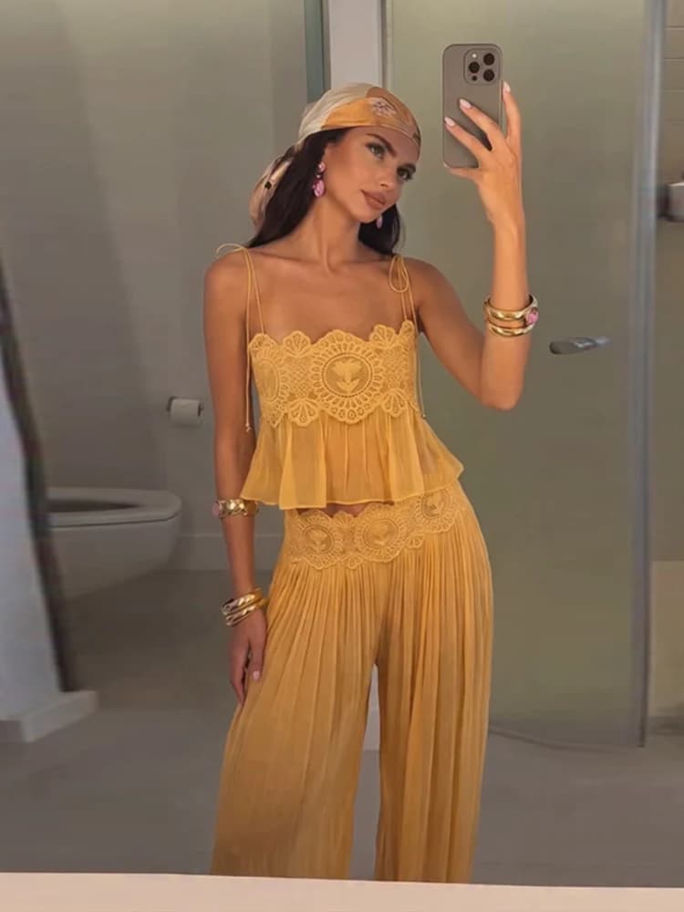 Beach Lace Hollow Out Women's Summer Pants Sets Lace Up Backless Spaghetti Strap Crop Top Loose Pleated Lantern Pant 2026 Suit