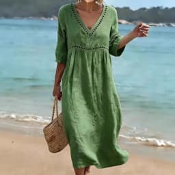 Spring Summer New Women V Neck Dress European American Style Solid Color Elegant Casual Daily Dress