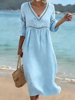 Spring Summer New Women V Neck Dress European American Style Solid Color Elegant Casual Daily Dress