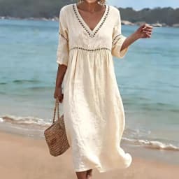 Spring Summer New Women V Neck Dress European American Style Solid Color Elegant Casual Daily Dress