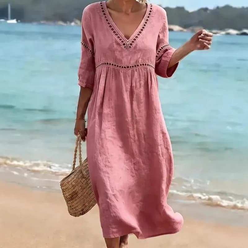 Spring Summer New Women V Neck Dress European American Style Solid Color Elegant Casual Daily Dress