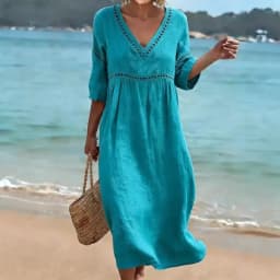 Spring Summer New Women V Neck Dress European American Style Solid Color Elegant Casual Daily Dress
