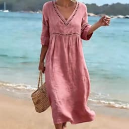Spring Summer New Women V Neck Dress European American Style Solid Color Elegant Casual Daily Dress