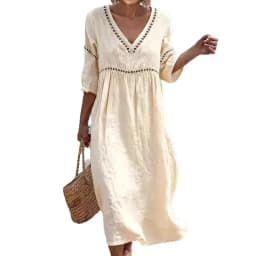 Spring Summer New Women V Neck Dress European American Style Solid Color Elegant Casual Daily Dress