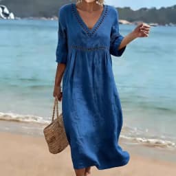 Spring Summer New Women V Neck Dress European American Style Solid Color Elegant Casual Daily Dress