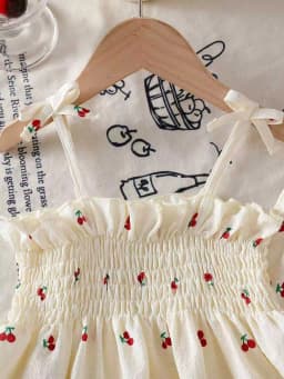 Summer baby girl white cherry print camisole top paired with matching pants in two pieces