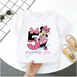 Base Tee White Pink Summer Soft Short-Sleeve Clothes Birthday Gift Minnie Mouse Disney T-shirt Kids Number T-shirts Cute Cartoon
