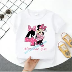 Base Tee White Pink Summer Soft Short-Sleeve Clothes Birthday Gift Minnie Mouse Disney T-shirt Kids Number T-shirts Cute Cartoon