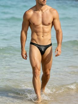 Men's Faux Leather Swimwear T-Back Swim Thong Low Rise Sexy Bikini G-String Swimsuit Beachwear Bathing Suit