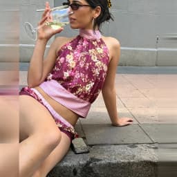 Women's Vintage Boho Floral Print Halter Neck Top Sleeveless Chiffon Blouse With Pink Ribbon Tie Waist Casual Summer Crop Top