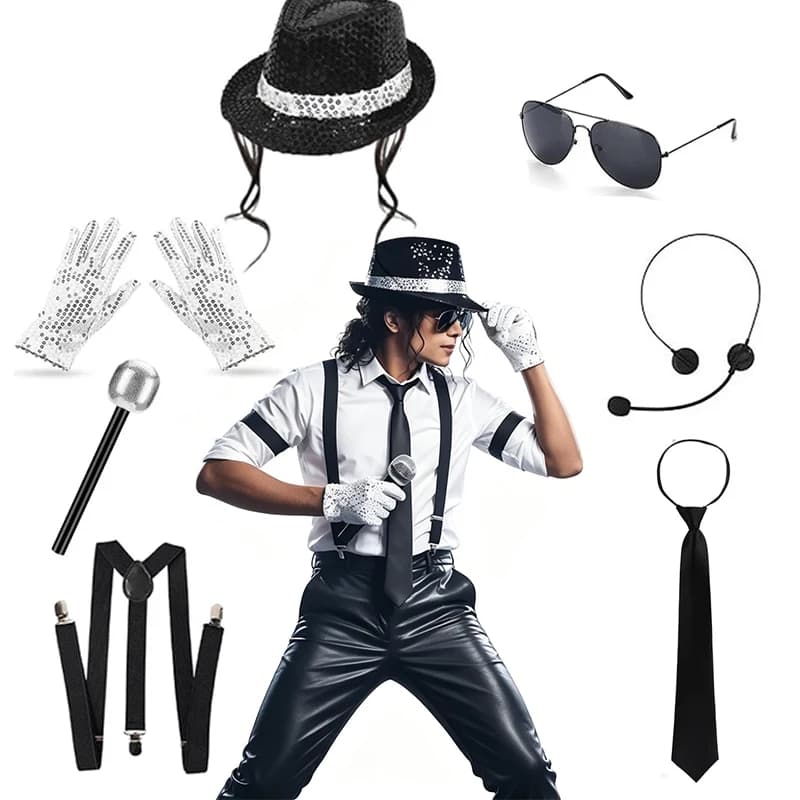 Michael Jackson Cosplay Accessories Set Sequin Hat Gloves Sunglasses Suspender Tie for Halloween Party