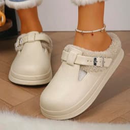 Casual Metal Buckle Warm Plush Mules Slippers Women Winter 2026 Soft Thick Sole Indoor Slippers Waterproof EVA Furry Clogs Mujer