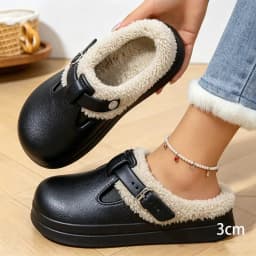 Casual Metal Buckle Warm Plush Mules Slippers Women Winter 2026 Soft Thick Sole Indoor Slippers Waterproof EVA Furry Clogs Mujer