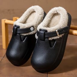 Casual Metal Buckle Warm Plush Mules Slippers Women Winter 2026 Soft Thick Sole Indoor Slippers Waterproof EVA Furry Clogs Mujer