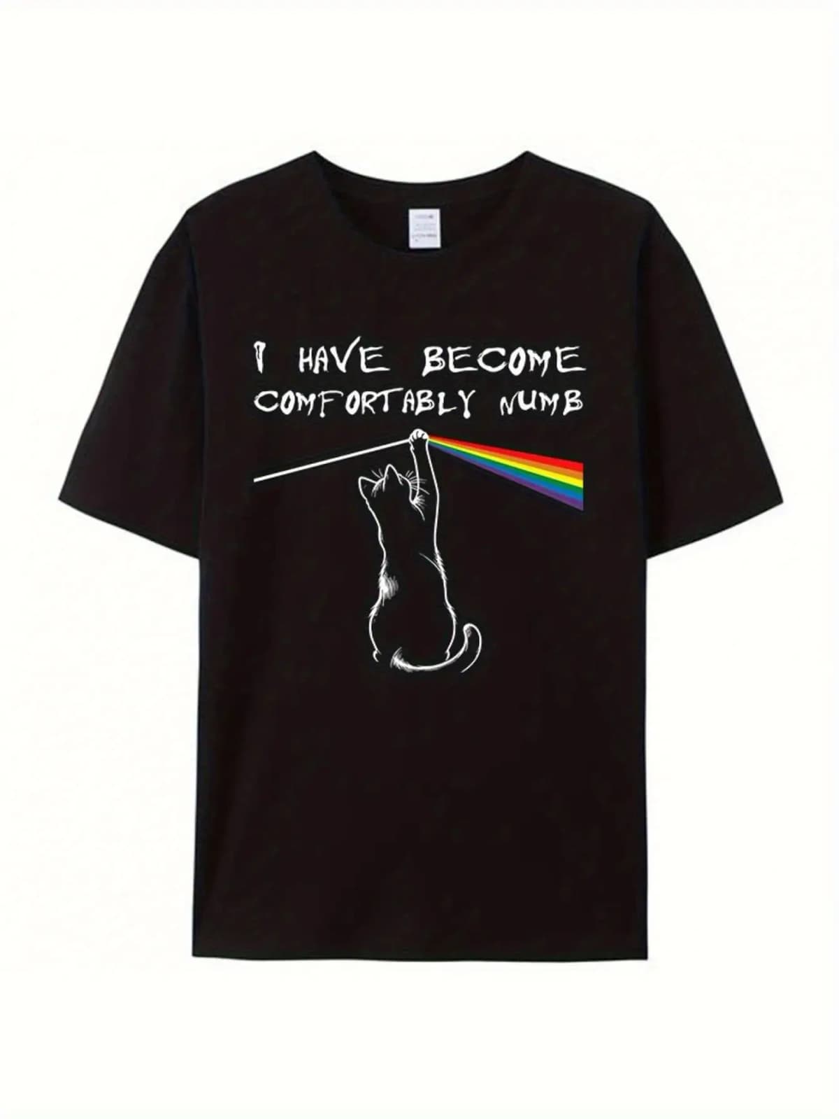 1PC Comfortably Numb Cat & Rainbow Graphic T-Shirt Unisex Tee with I Have Become Comfortably Numb Slogan & Cat-Eye Rainbow Design, Retro Music Band Style, Breathable Black Shirt for Concerts, Casual Wear & Music Fans - Funny Statement Top for Men & Wo