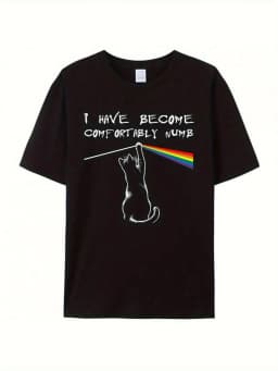 1PC Comfortably Numb Cat & Rainbow Graphic T-Shirt Unisex Tee with I Have Become Comfortably Numb Slogan & Cat-Eye Rainbow Design, Retro Music Band Style, Breathable Black Shirt for Concerts, Casual Wear & Music Fans - Funny Statement Top for Men & Wo