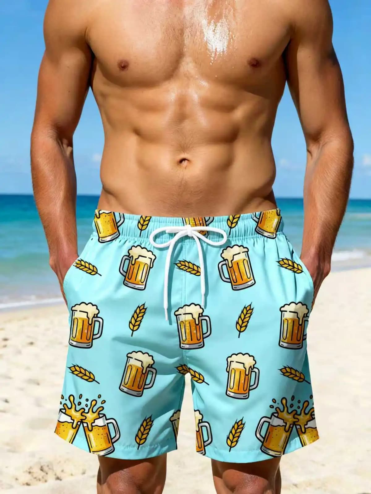 Men's Beer Print Quick Dry Swim Trunks, Light Blue Elastic Waist Drawstring Beach Shorts with Pockets, Summer Casual Surf Board