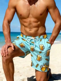 Men's Beer Print Quick Dry Swim Trunks, Light Blue Elastic Waist Drawstring Beach Shorts with Pockets, Summer Casual Surf Board