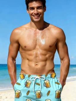 Men's Beer Print Quick Dry Swim Trunks, Light Blue Elastic Waist Drawstring Beach Shorts with Pockets, Summer Casual Surf Board