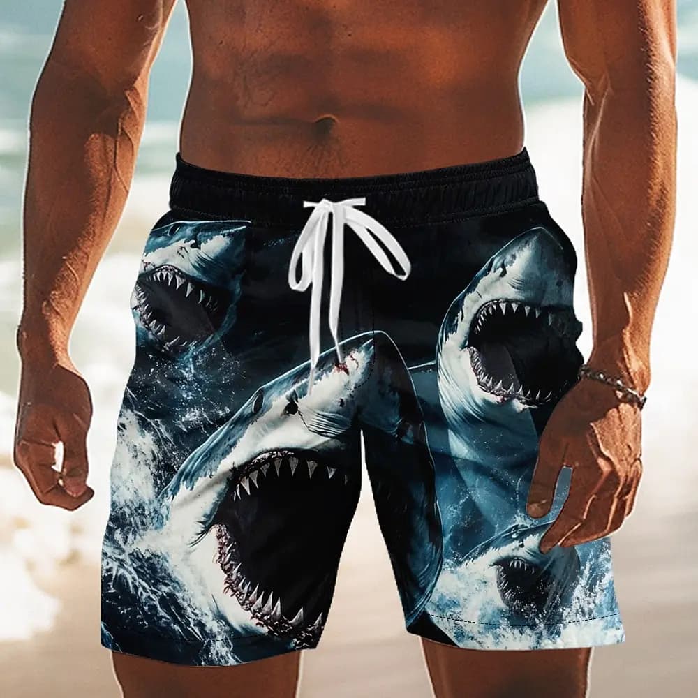 Men's Animal Shark Sea Creatures Trunks, Mid Waist Board Shorts with Elastic Drawstring Waist, Beach Vacation Wear for Summer