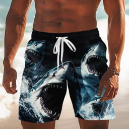 Men's Animal Shark Sea Creatures Trunks, Mid Waist Board Shorts with Elastic Drawstring Waist, Beach Vacation Wear for Summer