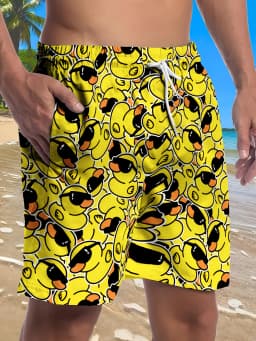 Men's Fashion Duckling Pattern Digital 3D Printing Men's Casual Drawstring Shorts with Pockets Suitable for Summer Leisure