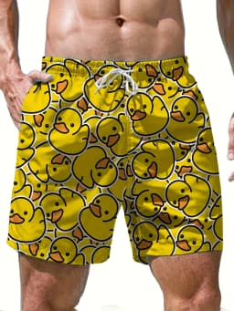 Men's Fashion Duckling Pattern Digital 3D Printing Men's Casual Drawstring Shorts with Pockets Suitable for Summer Leisure