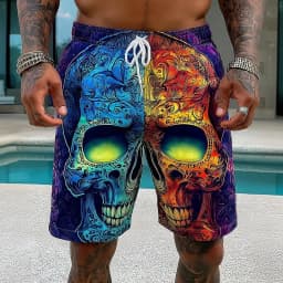 Men's Color-blocking Skulls Print Shorts, Punk Gothic Streetwear Drawstring Mid Waist Side Pockets Spring Summer Vacation Wear