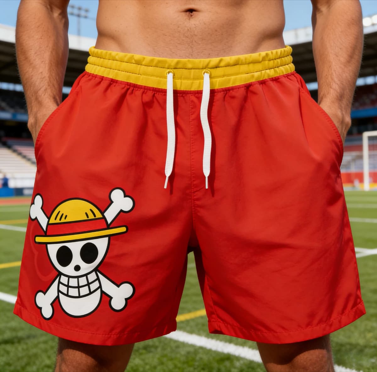 One Piece Luffy Straw Hat Pirates Shorts, Red Yellow Casual Anime Skull Logo Quick-Dry Athletic Bottoms Man's summer beach pants
