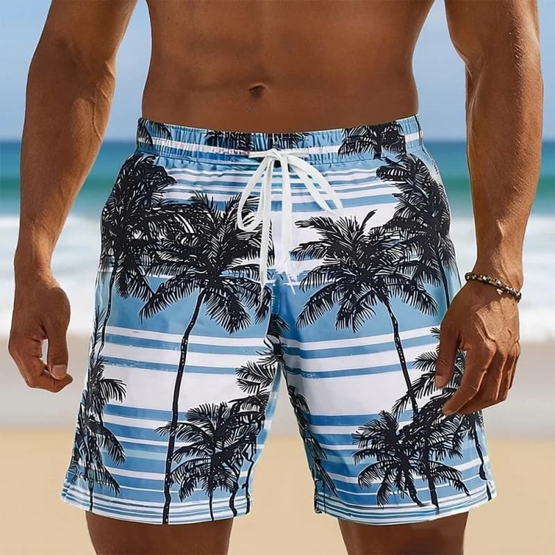 Tropical Striped Palm Tree Graphic Swim Trunks For Men Casual 3D Printed Short Pants Summer Hawaii Surf Swimsuit Beach Shorts