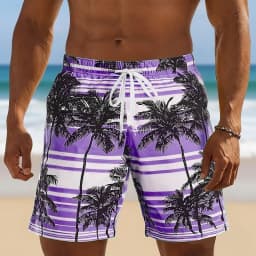 Tropical Striped Palm Tree Graphic Swim Trunks For Men Casual 3D Printed Short Pants Summer Hawaii Surf Swimsuit Beach Shorts