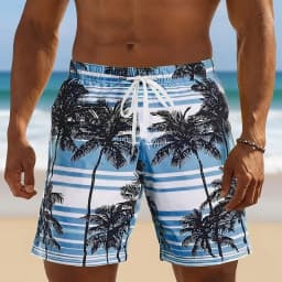 Tropical Striped Palm Tree Graphic Swim Trunks For Men Casual 3D Printed Short Pants Summer Hawaii Surf Swimsuit Beach Shorts