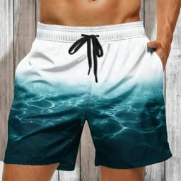 Men's White Green Ombre Fern Print Drawstring Shorts, Casual Loose Swim Trunks For Spring Summer Beach Wear