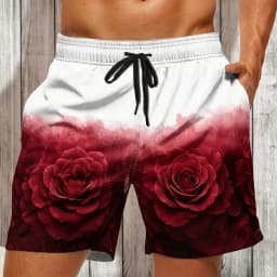 Men's White Green Ombre Fern Print Drawstring Shorts, Casual Loose Swim Trunks For Spring Summer Beach Wear