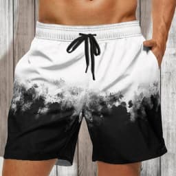 Men's White Green Ombre Fern Print Drawstring Shorts, Casual Loose Swim Trunks For Spring Summer Beach Wear