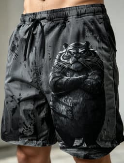 Men's Drawstring Waist Funny Chubby Lion Print Casual Shorts, Summer Bottoms For Spring Summer Daily Outdoor Beach Vacation Wear