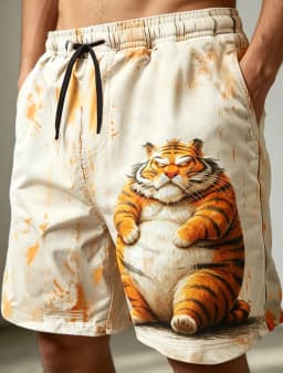 Men's Drawstring Waist Funny Chubby Lion Print Casual Shorts, Summer Bottoms For Spring Summer Daily Outdoor Beach Vacation Wear