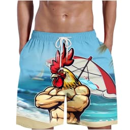 Funny Cool Rooster Print Men's Casual Shorts, Summer Thin Breathable Beach Pants, 3D Graffiti Art Unique Design Loungewear