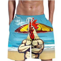 Funny Cool Rooster Print Men's Casual Shorts, Summer Thin Breathable Beach Pants, 3D Graffiti Art Unique Design Loungewear