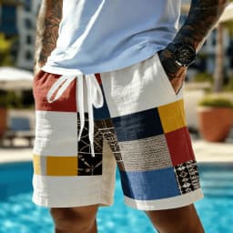 Men's Vintage Patchwork Ethnic Print Drawstring Shorts, Spring Summer Boho Casual Shorts, Pocket Beach Shorts
