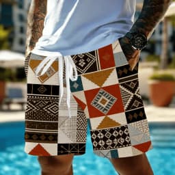 Men's Vintage Patchwork Ethnic Print Drawstring Shorts, Spring Summer Boho Casual Shorts, Pocket Beach Shorts
