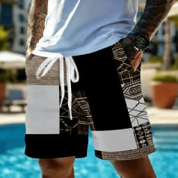 Men's Vintage Patchwork Ethnic Print Drawstring Shorts, Spring Summer Boho Casual Shorts, Pocket Beach Shorts