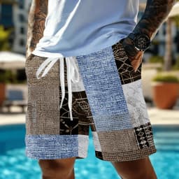 Men's Vintage Patchwork Ethnic Print Drawstring Shorts, Spring Summer Boho Casual Shorts, Pocket Beach Shorts
