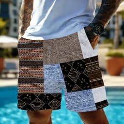 Men's Vintage Patchwork Ethnic Print Drawstring Shorts, Spring Summer Boho Casual Shorts, Pocket Beach Shorts